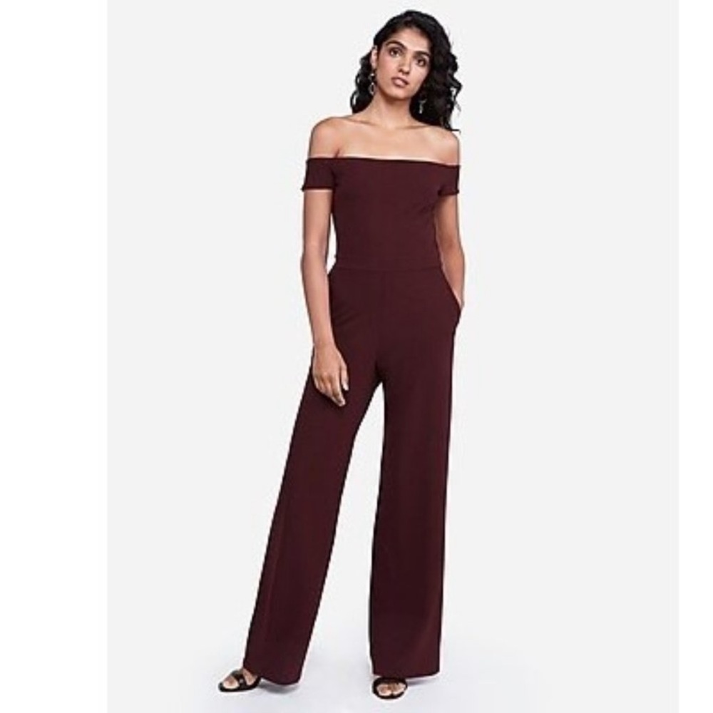 Express Burgundy Off the Shoulder Wide Leg Jumpsuit w/ Pockets Large Petite